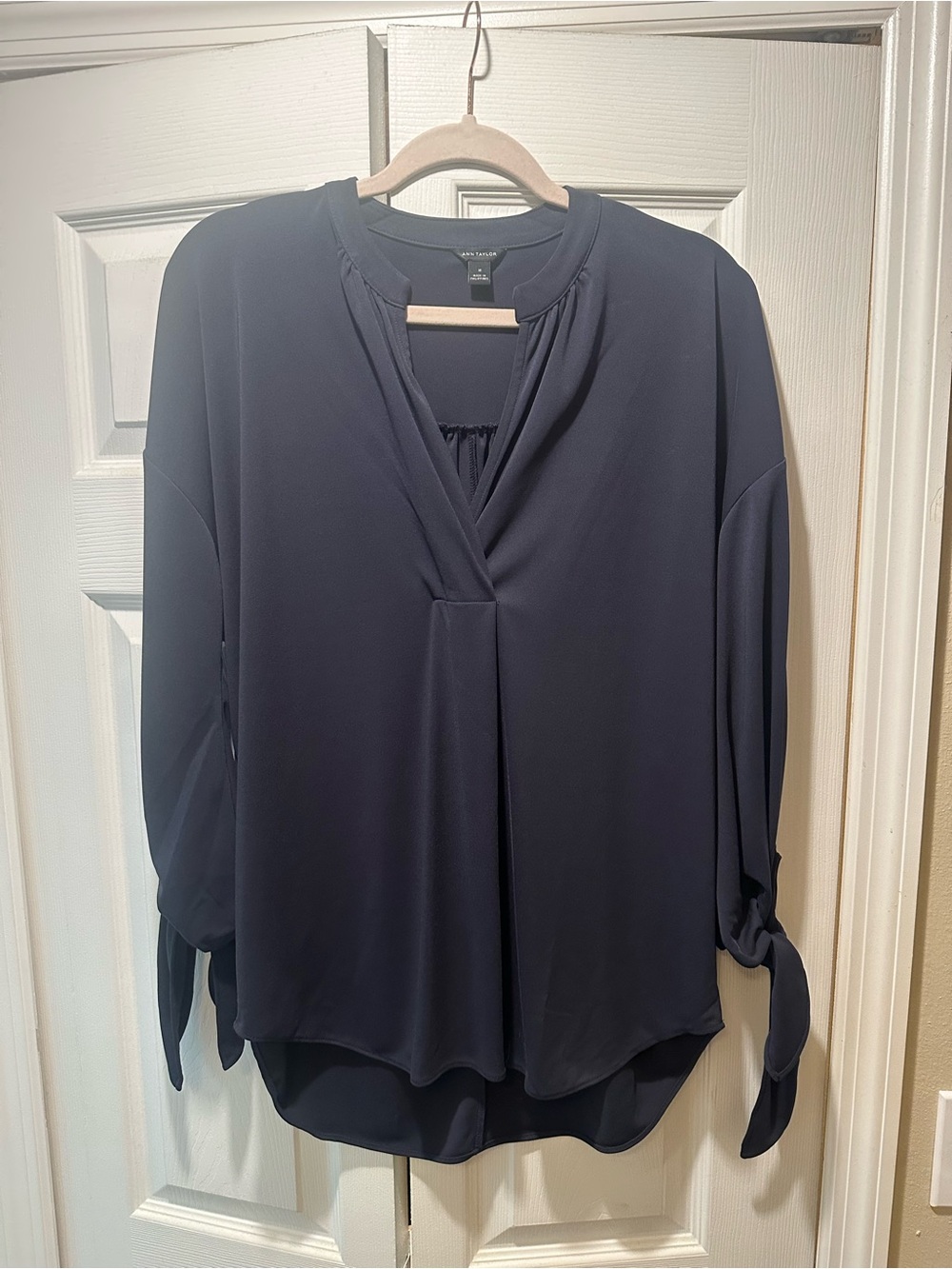 Ann Taylor Navy Tie-Sleeve V-Neck Blouse